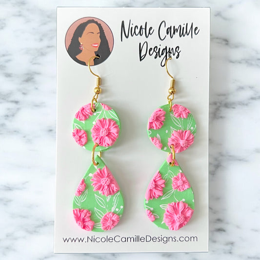 Mint & Pink Floral Teardrop Dangle Clay Earrings