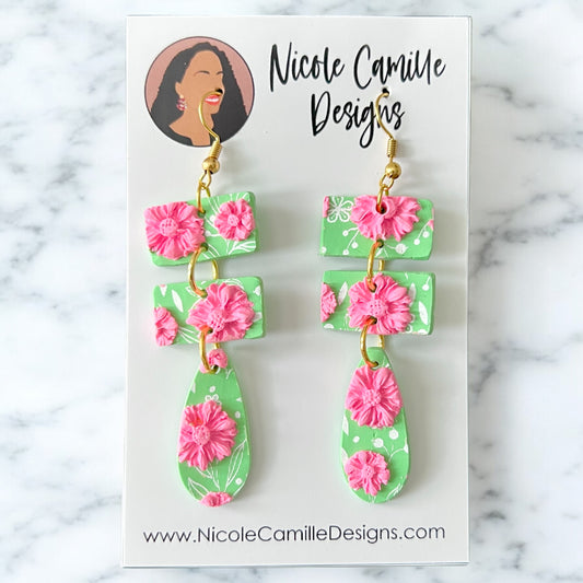 Mint & Pink Floral “Milan” Clay Earrings