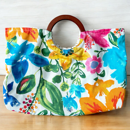 Bold Watercolor Floral Print Ring Handle Purse