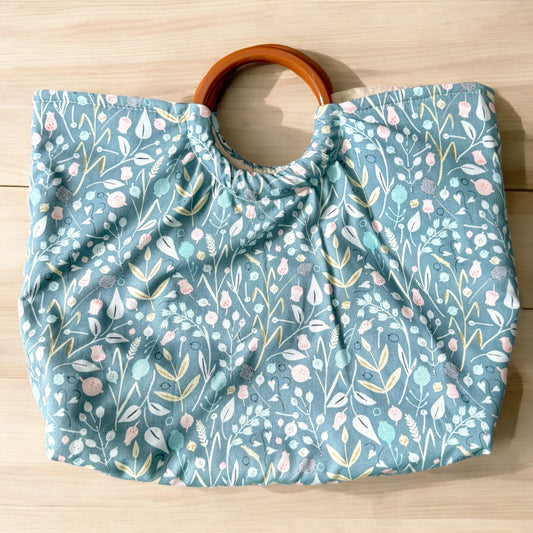 Dusty Blue Floral Print Ring Handle Purse