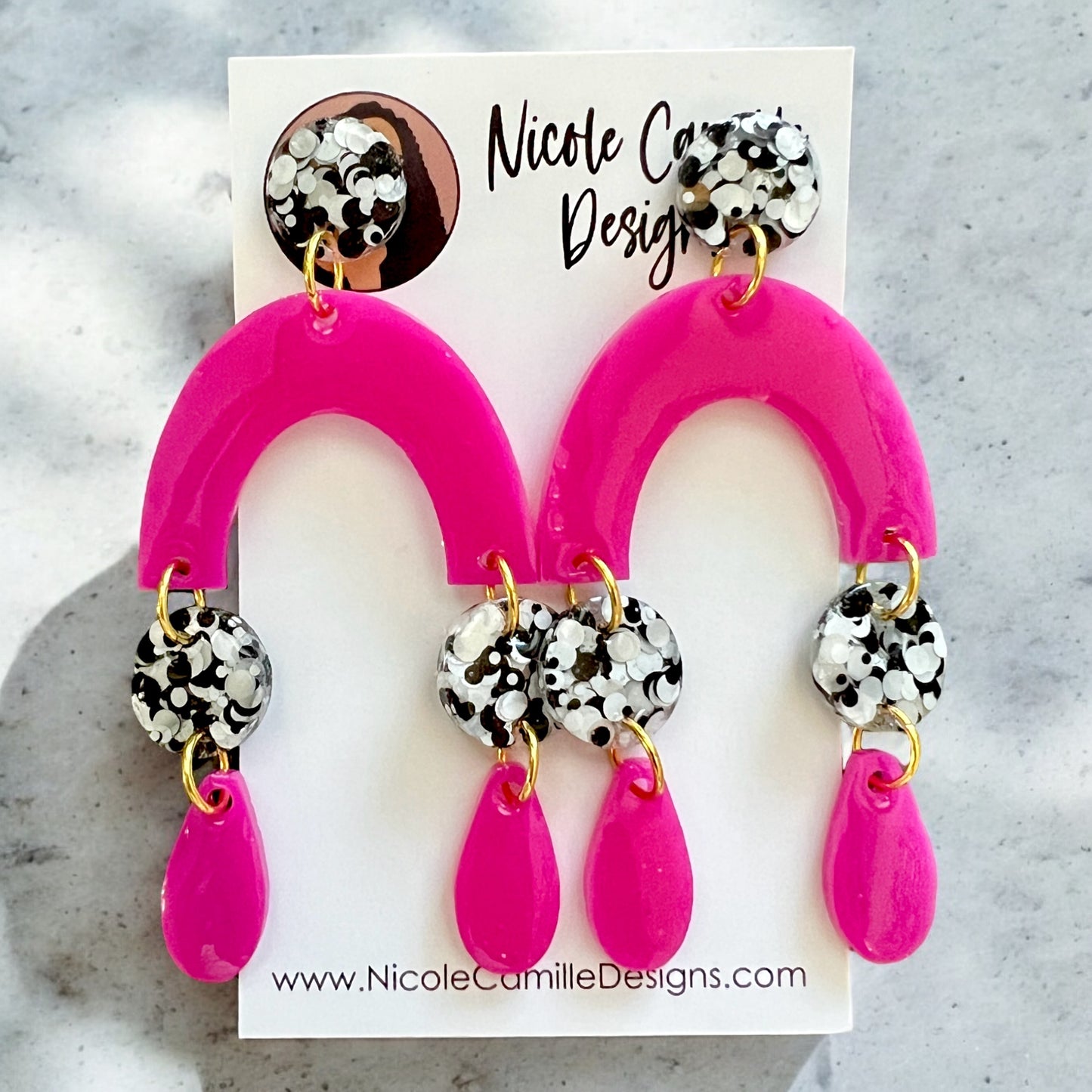 Fuschia & B/W Confetti Horseshoe Dangle Resin Earrings