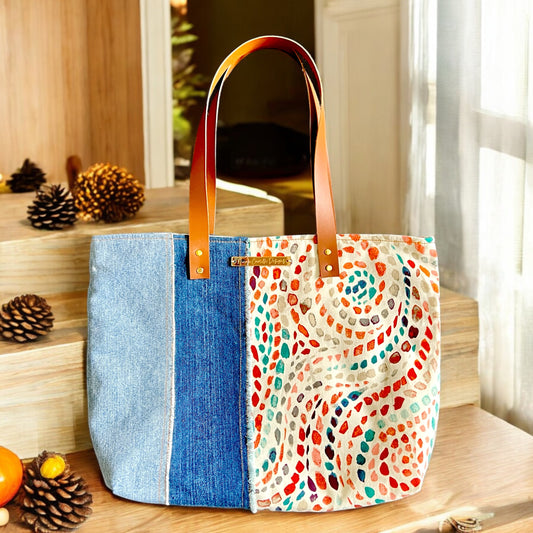 Colorful Swirl Print & Denim Tote