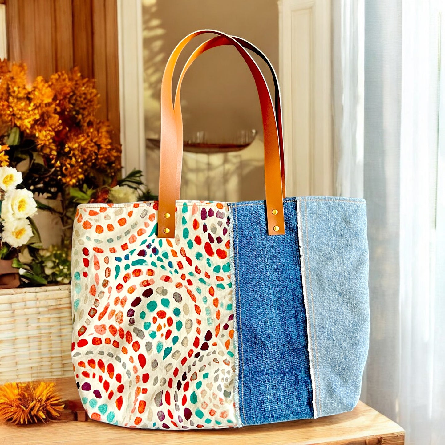 Colorful Swirl Print & Denim Tote