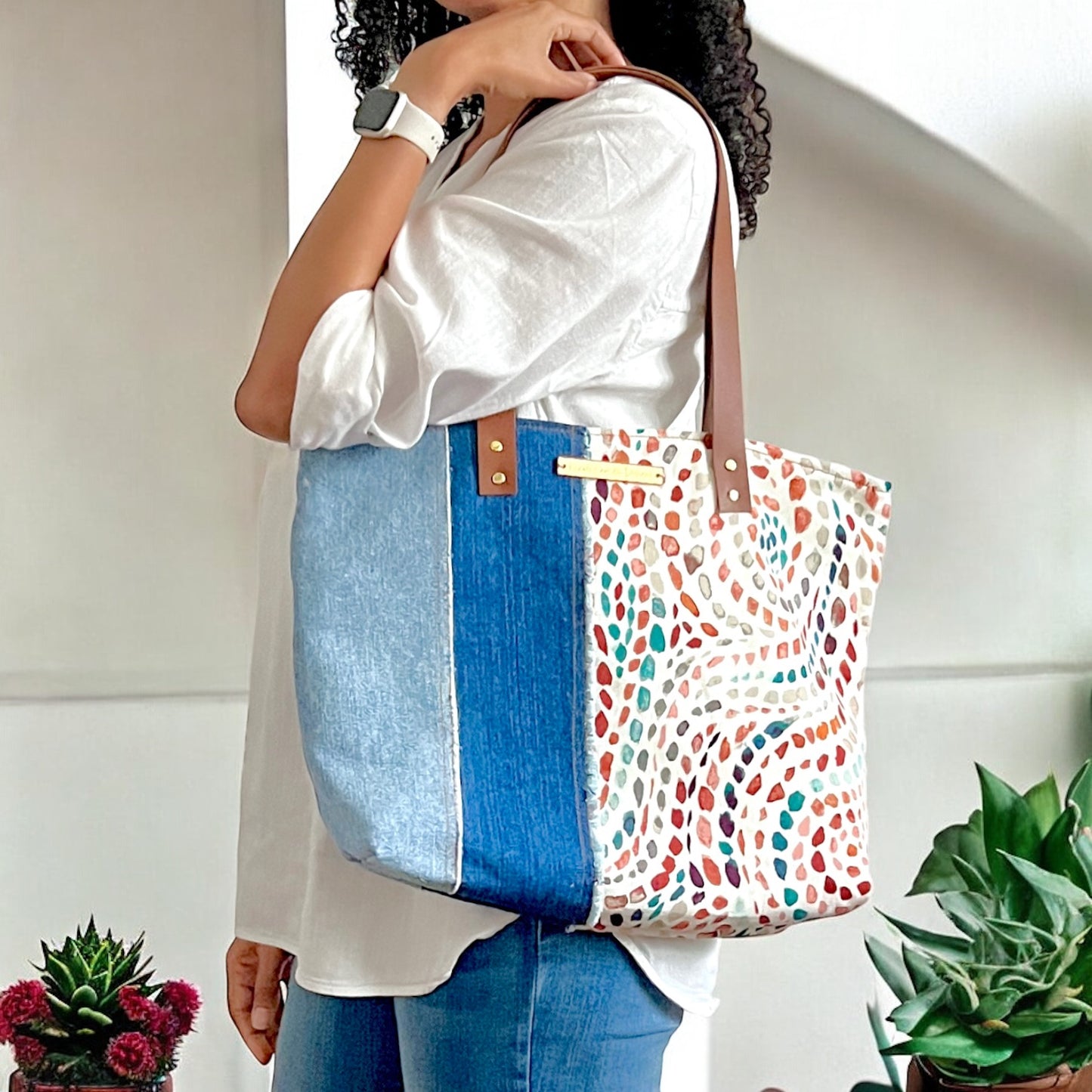 Colorful Swirl Print & Denim Tote