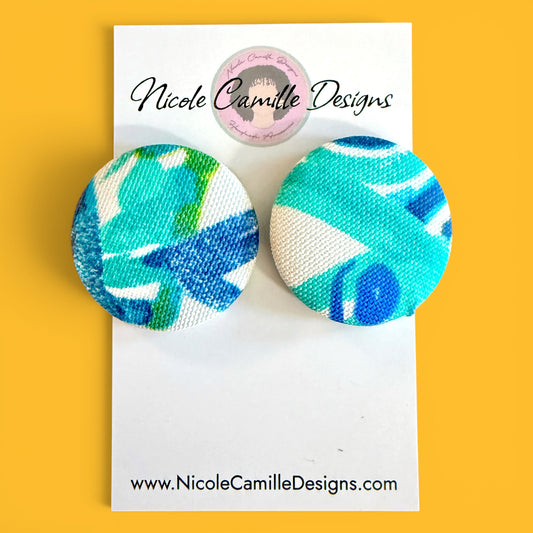 Blue Strokes Fabric Button Earrings
