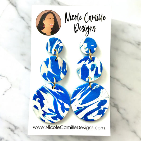 Blue & White 3-Disc Clay Earrings