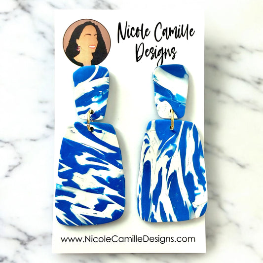 Blue & White Organic Rectangle Clay Earrings