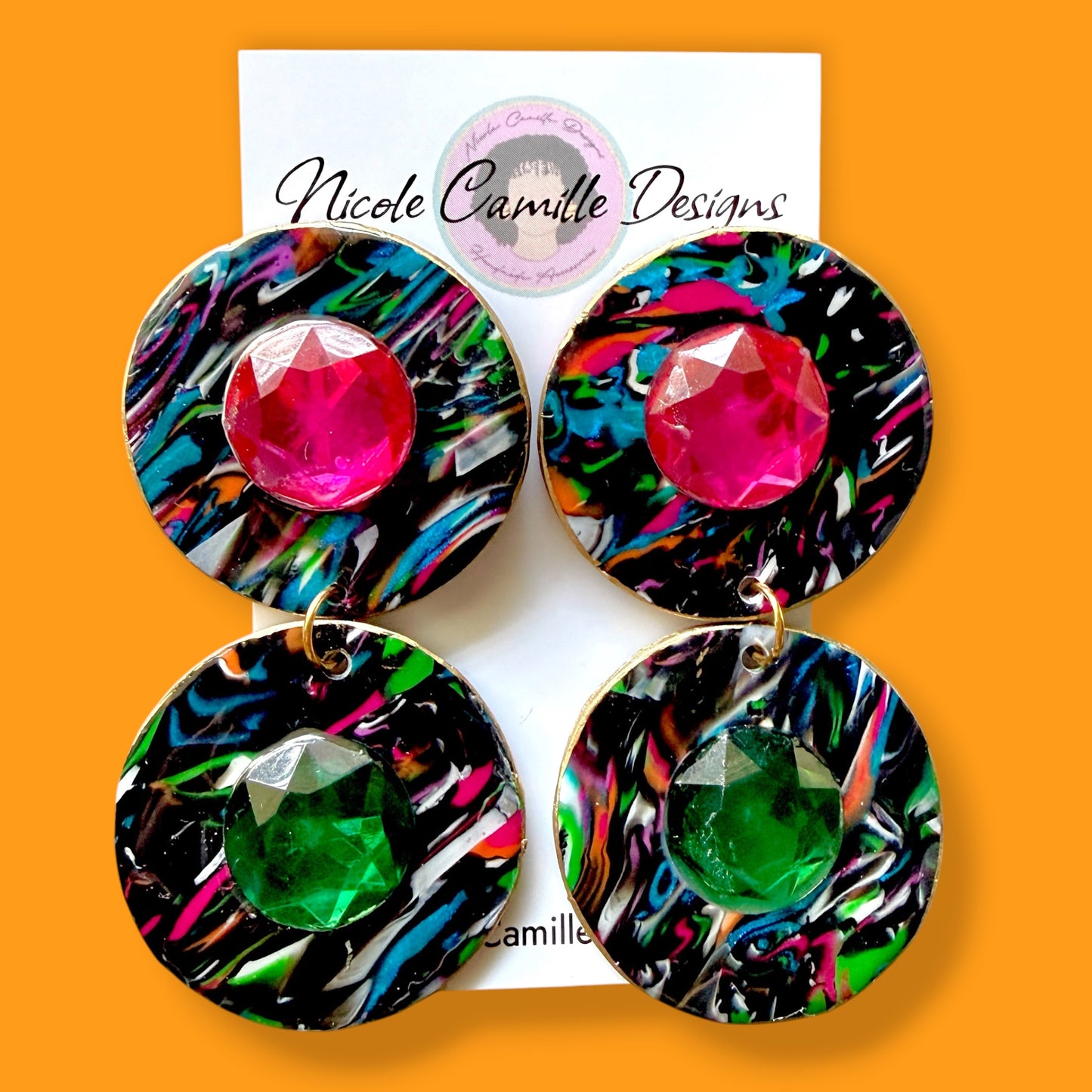 Black & Multicolor Jumbo Double Disc Clay Earrings