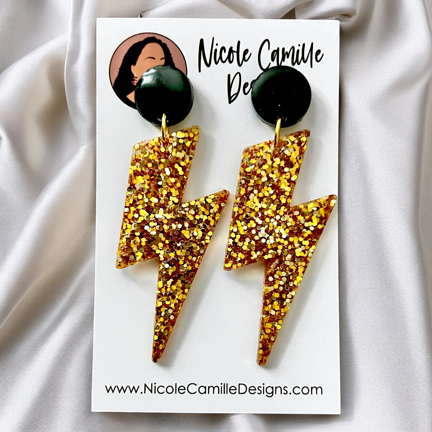 Black & Gold Glitter Lightning Resin Earrings