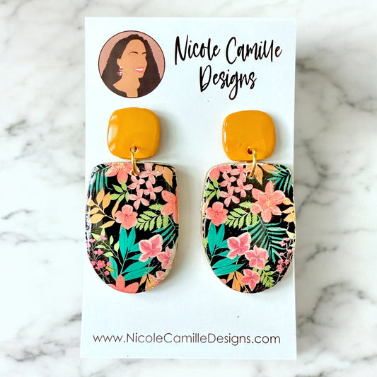Tropical Print Organic Arch Clay Earrings