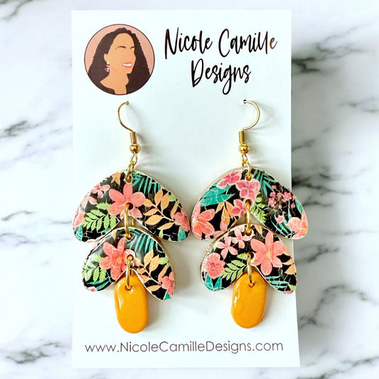 Tropical Print Organic Leaf Clay Earrings