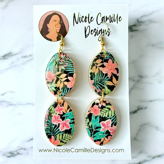 Tropical Print Oval Dangles Clay Earrings