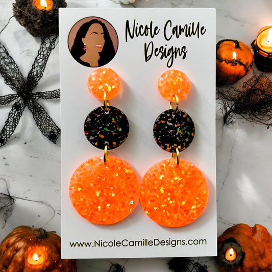 Orange & Black Glitter 3-Disc Resin Earrings