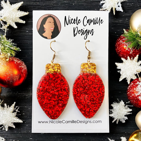 Red Xmas Bulb Glitter Resin Earrings