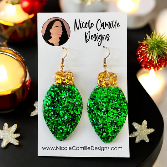 Green Xmas Bulb Glitter Resin Earrings