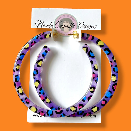 Purple Leopard Print Jumbo Hoops Resin Earrings