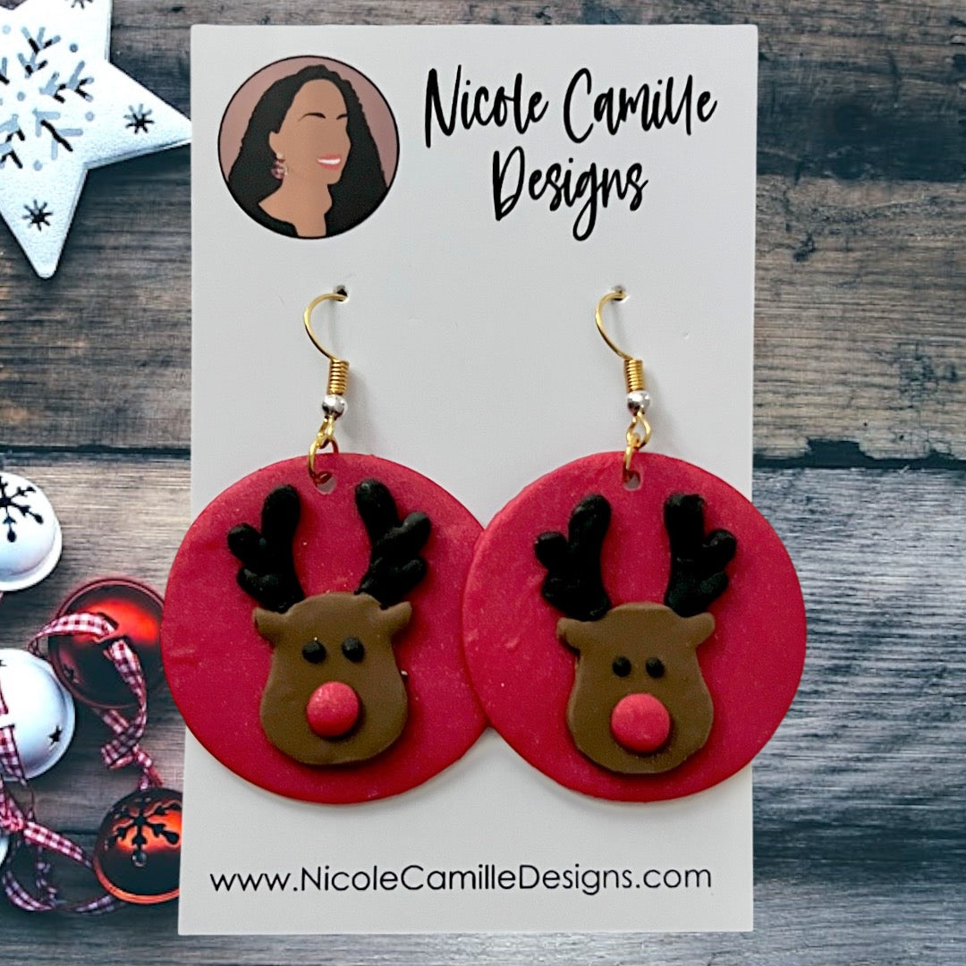 Large Red Rudolph Clay Earrings