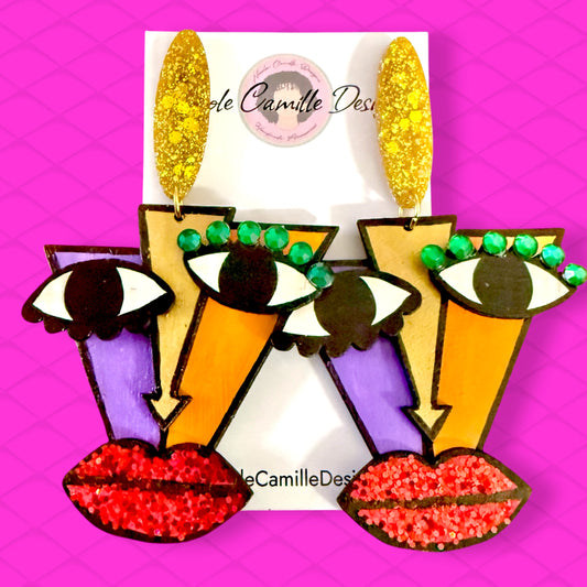 Purple & Orange Cubist 3D Wood Earrings