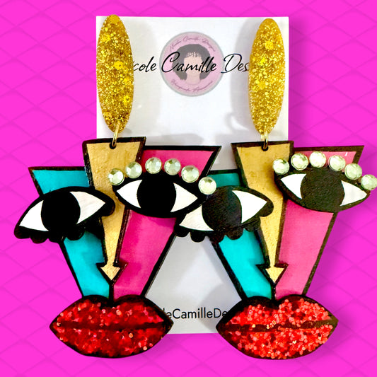 Fuschia & Teal Cubist 3D Wood Earrings