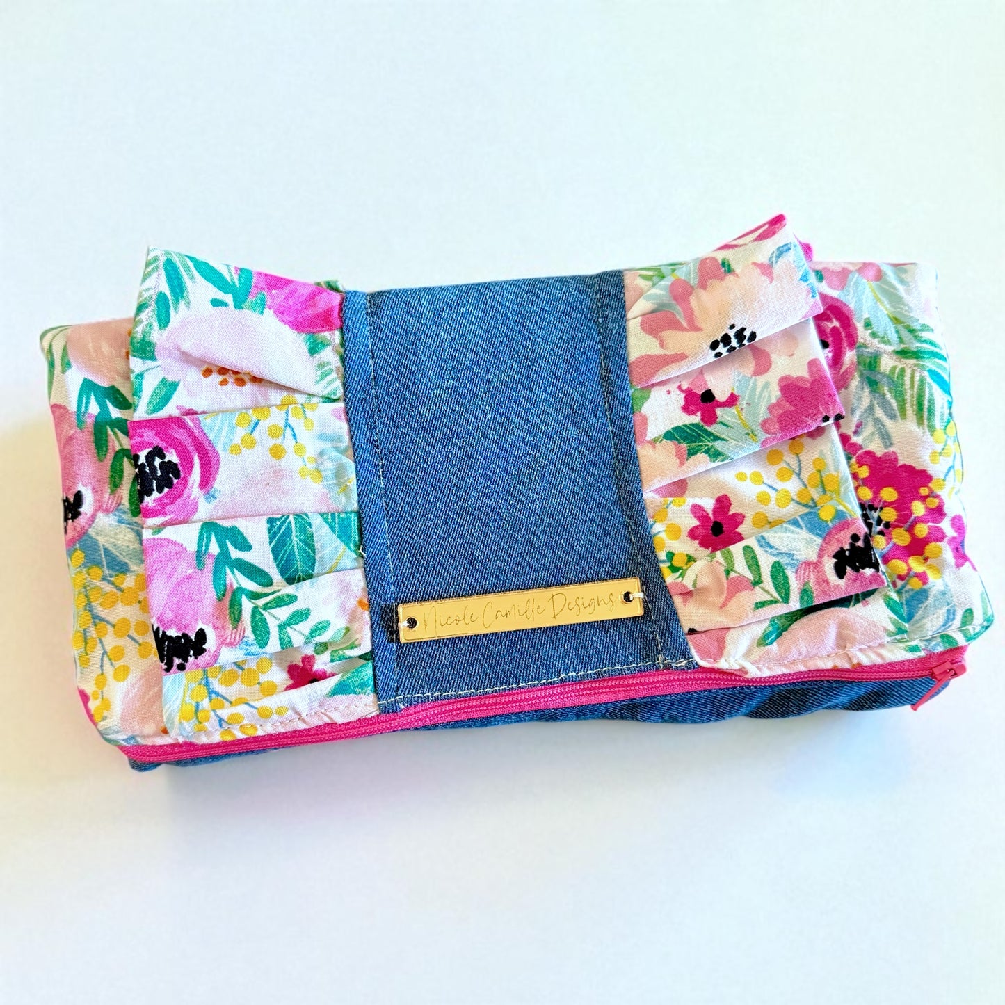 Pink Floral & Denim Ruffle Foldover Clutch