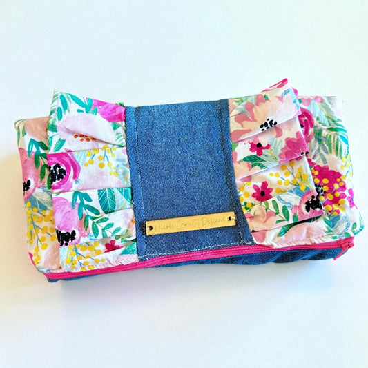 Pink Floral & Denim Ruffle Foldover Clutch