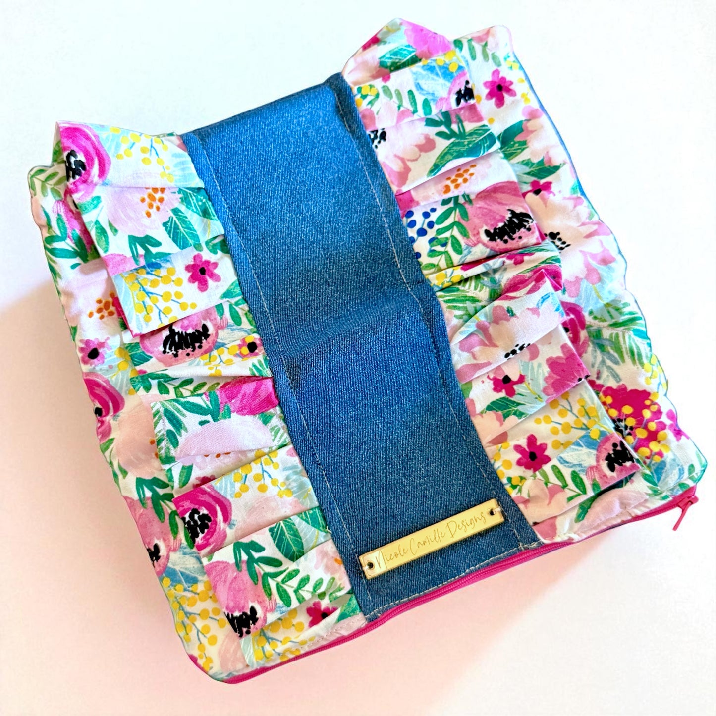 Pink Floral & Denim Ruffle Foldover Clutch