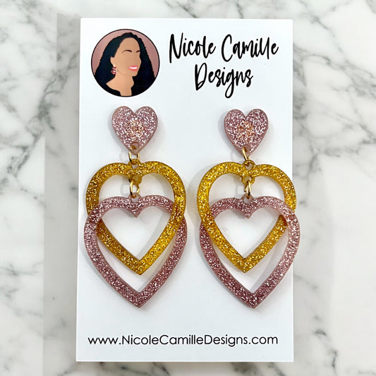 Gold & Pink Glittery Linked Hearts Acrylic Earrings