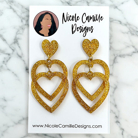 Gold Glittery Linked Hearts Acrylic Earrings