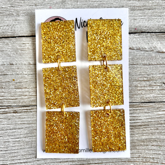 Gold Glitter 3-Rectangle Acrylic Earrings