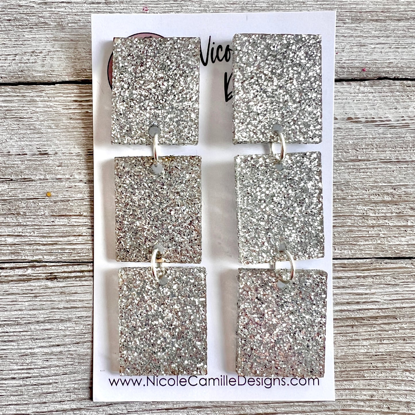 Silver Glitter 3-Rectangle Acrylic Earrings