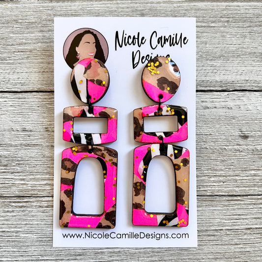 Hot Pink & Mixed Print "Accra" Wood Earrings