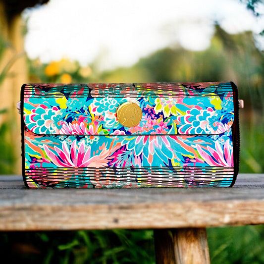 Neon Lily Floral Large Wood Clutch