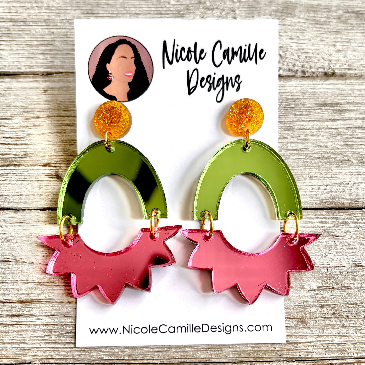 Pink, Green & Gold "Michelle" Acrylic Earrings